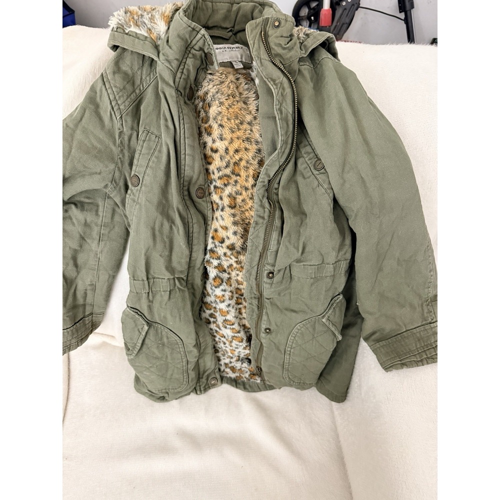 Urban Republic Jacket Girls L 14 Olive Green Anorak Parka Leopard Faux Fur Liner